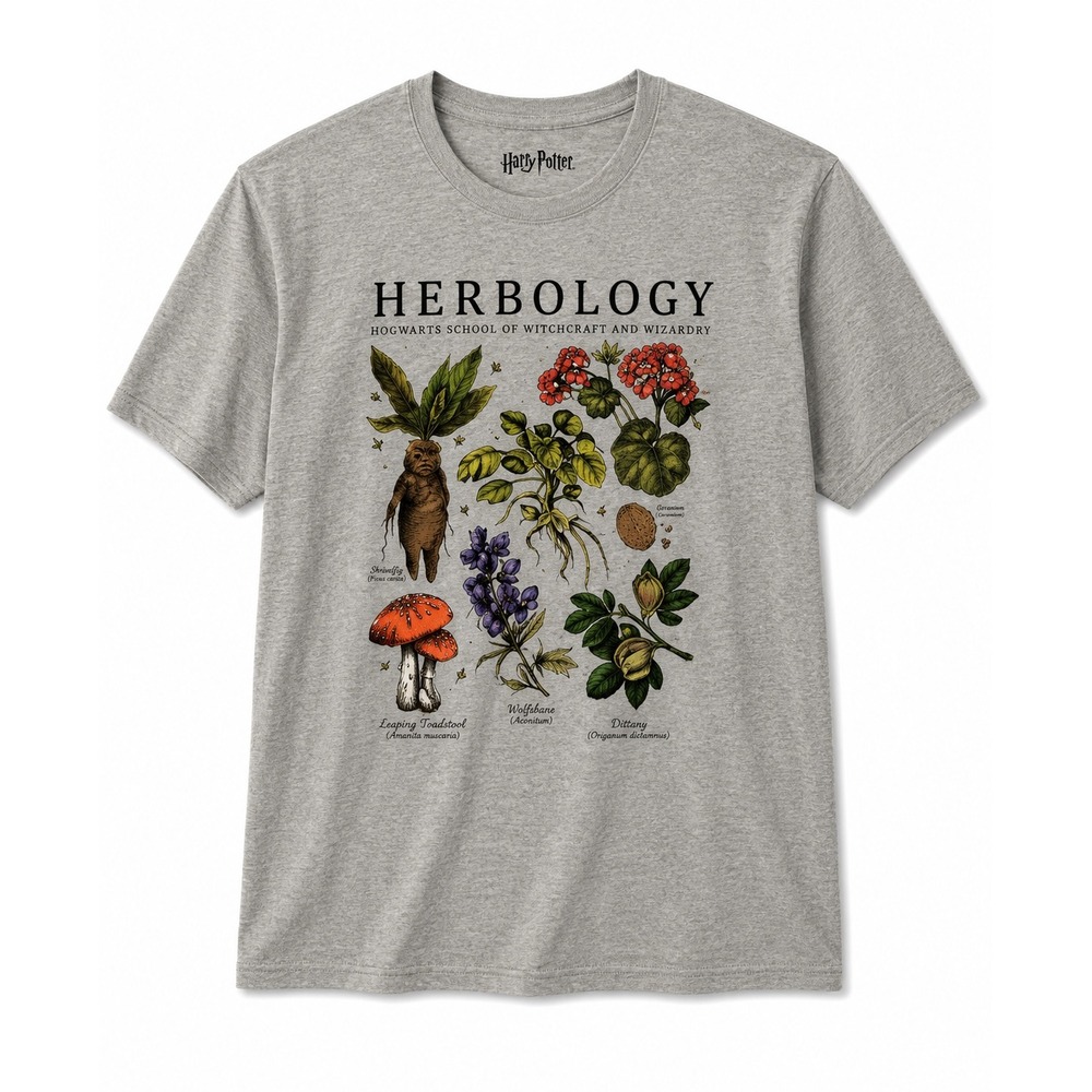 Harry Potter Herbology T-Shirt 2XL Grey Botanical Hogwarts Graphic Cotton Blend